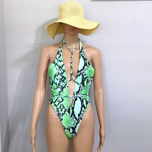Neon Green Snake Print Sexy One Piece Swimsuit And Boho Hat